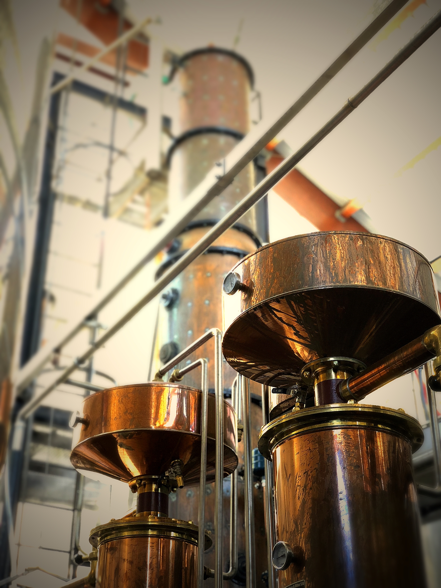 Copper pot stills and column distillation equipment at Engenho Novo da Madeira.
