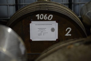 Labelled 1,060-litre cask of 2007 Madeira rum at Abel Fernandes