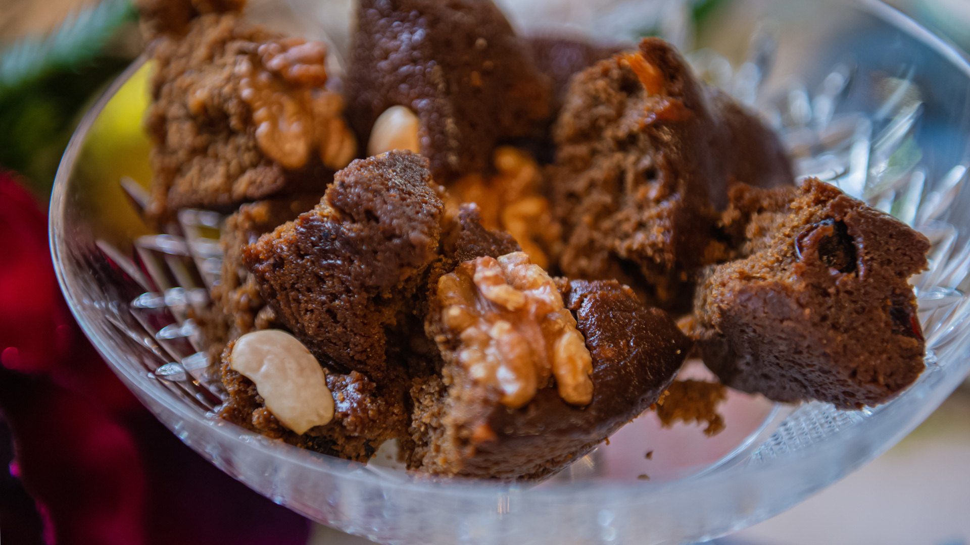 Traditional Madeiran bolo de mel served with walnuts and almonds